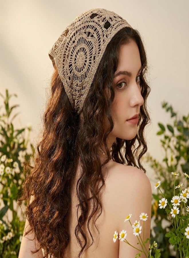 Larrel 3PCS Crochet Bandanas Headbands, Cute Knitted Crochet Head Scarf, Knit Lace Floral Hollow Kerchief, Hair Accessories for Women, Vintage Hair Bandanas for Hair-Styling and Decor (Beige, Black, Gray) - Image 5
